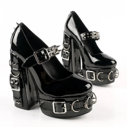 Zapatillas Góticas de Tacón Alto con Hebilla, Anillos y Remaches – Zapatos Sexy de Plataforma Estilo Cosplay