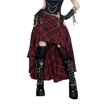 Falda Gótica de Cuadros Rojos Asimétrica estilo grunge-punk | Goth Dark