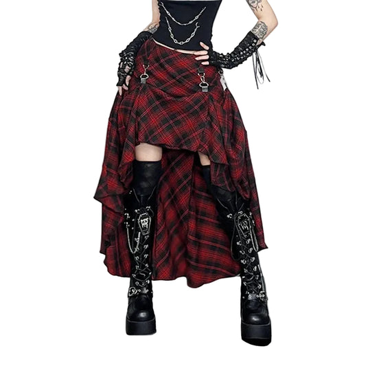 Falda Gótica de Cuadros Rojos Asimétrica estilo grunge-punk | Goth Dark