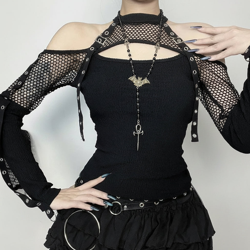 Top Gótico Manga Larga De Red Calado Off-Shoulder Grunge Punk Halter Goth Dark