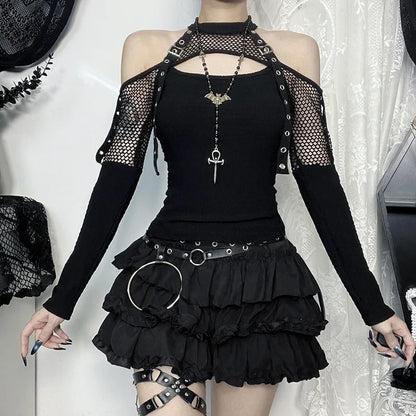 Top Gótico Manga Larga De Red Calado Off-Shoulder Grunge Punk Halter Goth Dark