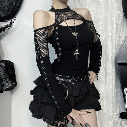 Top Gótico Manga Larga De Red Calado Off-Shoulder Grunge Punk Halter Goth Dark
