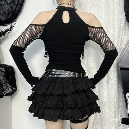 Top Gótico Manga Larga De Red Calado Off-Shoulder Grunge Punk Halter Goth Dark