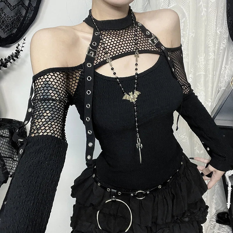 Top Gótico Manga Larga De Red Calado Off-Shoulder Grunge Punk Halter Goth Dark