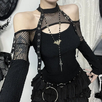 Top Gótico Manga Larga De Red Calado Off-Shoulder Grunge Punk Halter Goth Dark