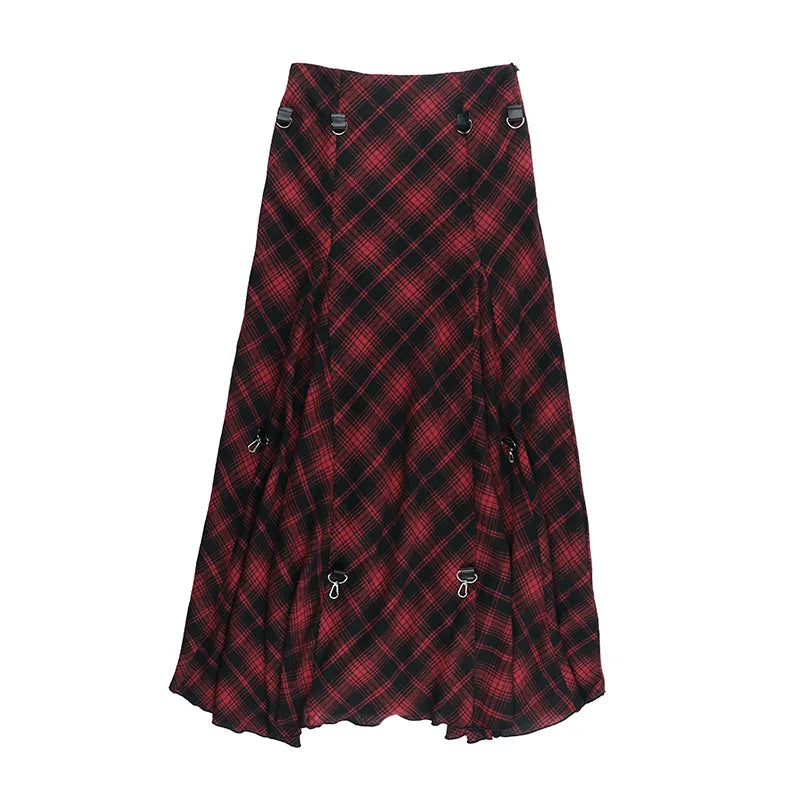 Falda Gótica de Cuadros Rojos Asimétrica estilo grunge-punk | Goth Dark