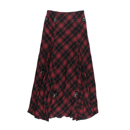 Falda Gótica de Cuadros Rojos Asimétrica estilo grunge-punk | Goth Dark